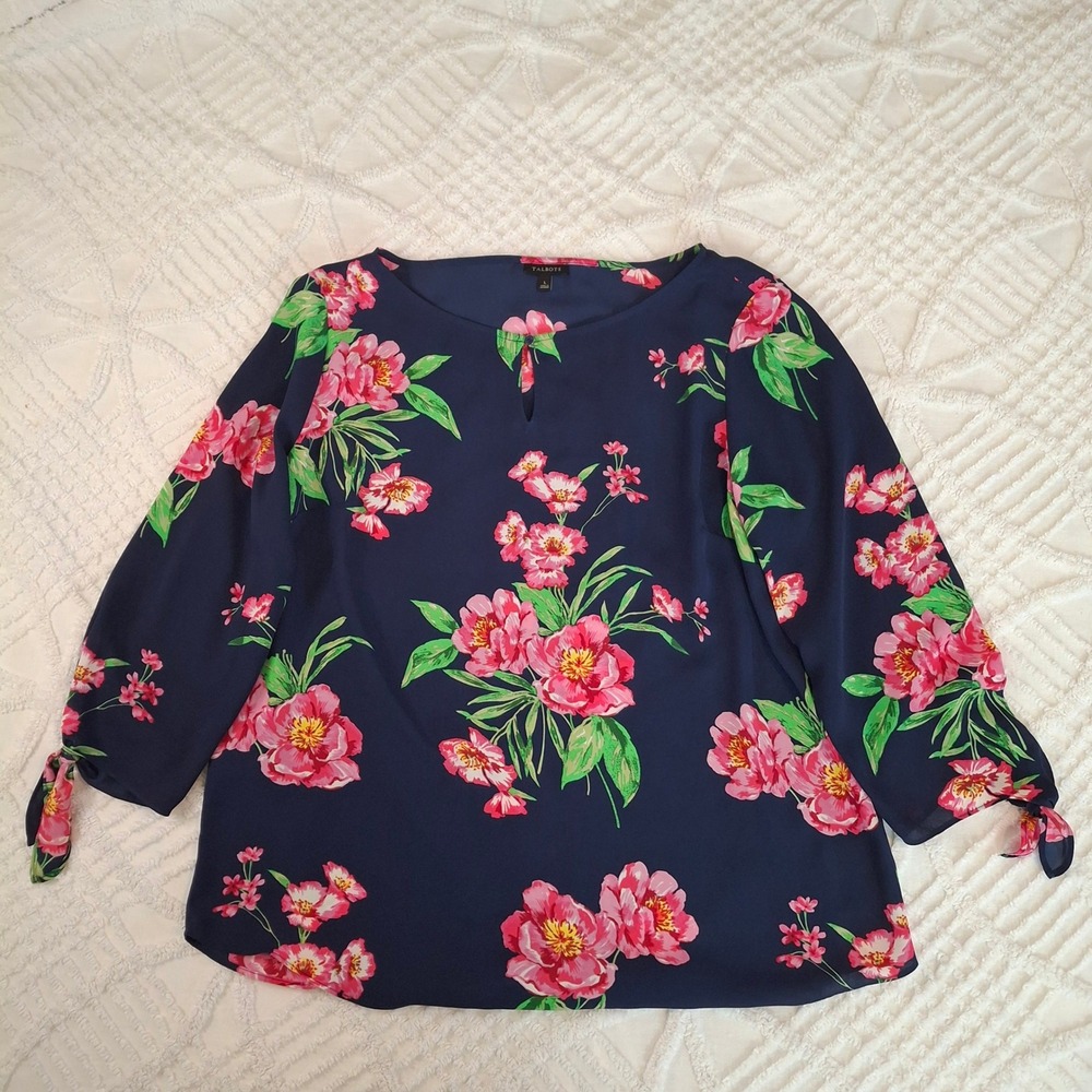 Talbots Womens Large Blouse Navy Blue Pink Floral Tie 3/4 Sleeve Chiffon Top